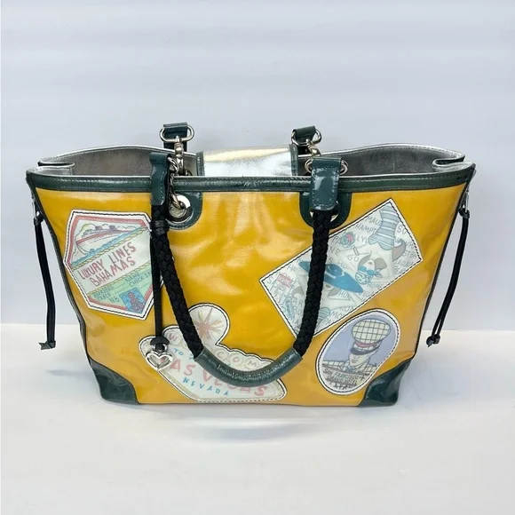 Brighton Fashionista Yellow Coated Canvas Leather Handbag World Travel Tote - Picture 15 of 15